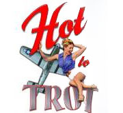 Hot to Trot logo with a blonde woman in a blue blouse leaning against an airplane